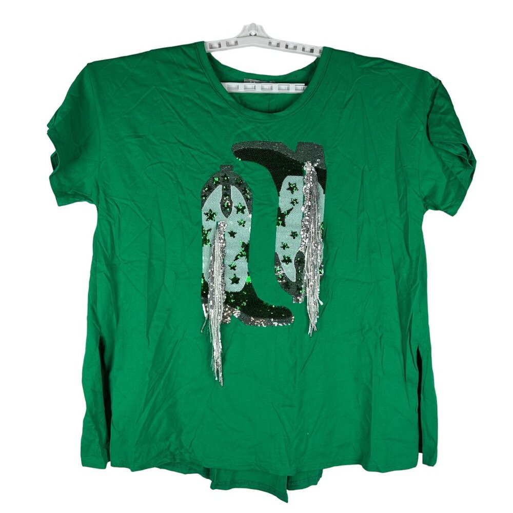 Sequin Cowboy Boot Graphic Tee Shirt Kelly Green M Blue B Collection Womens Top